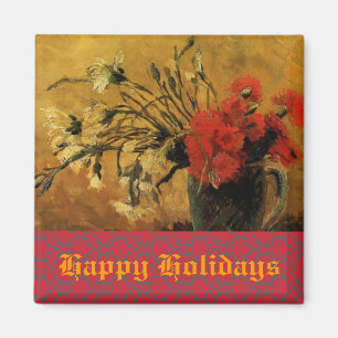 Imán florero con claveles rojos y blancos, vacaciones f