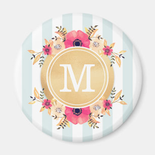 Imán Flores acuáticas de tiras de tinta Monograma de or