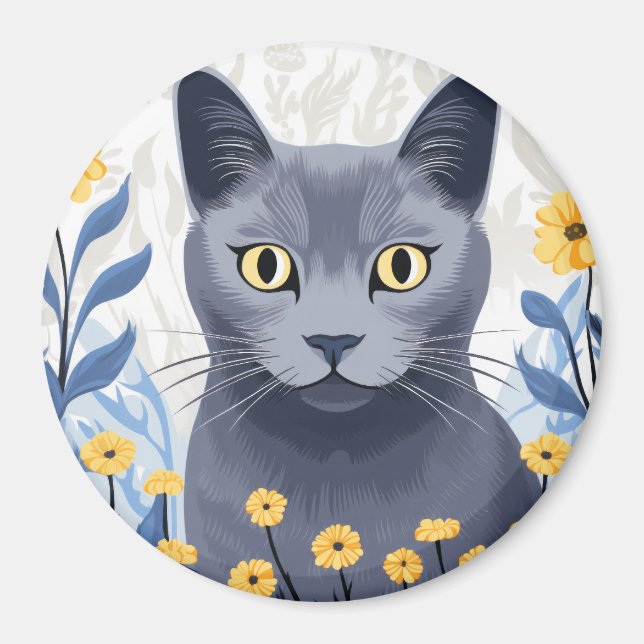 Imán Flores amarillas de gato azul ruso (Frente)