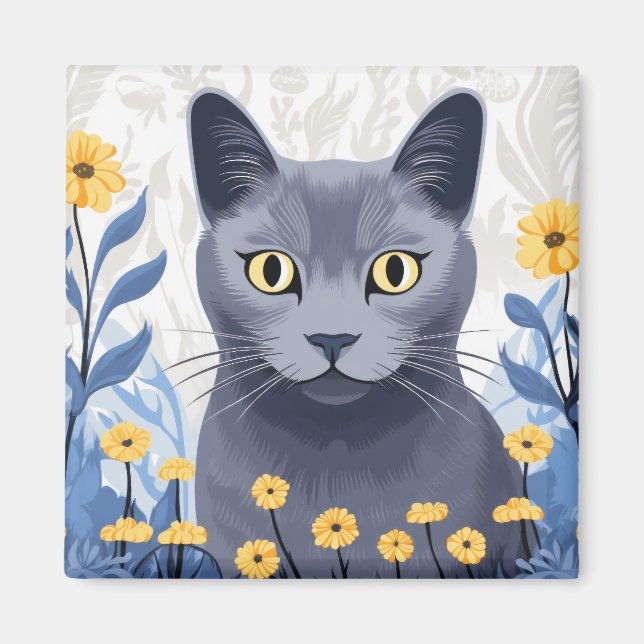 Imán Flores amarillas de gato azul ruso (Frente)