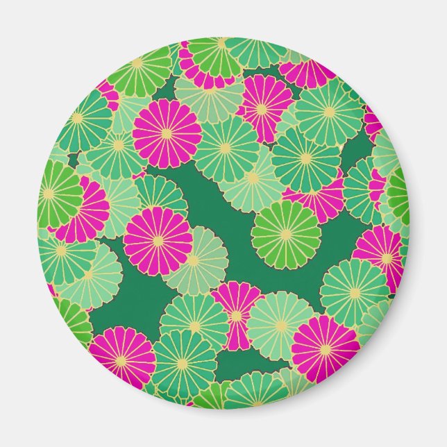 Imán Flores Art Decó en tonos verdes y fucsia (Frente)