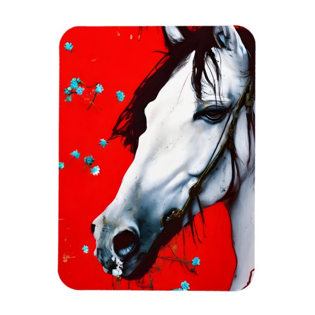 Imán Flores azules de fondo rojo de caballo (Vertical)