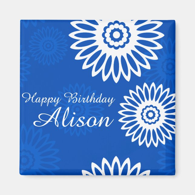 Imán Flores azules de verano Happy Birday Name Magnet (Frente)