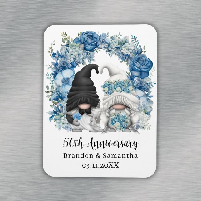 Imán Flores Azules Personalizadas de Gnome 50 Aniversar (Custom Gnome Blue Flowers 50th Wedding Anniversary Magnet
)