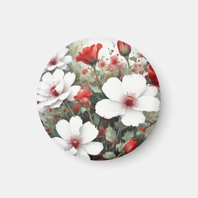 Imán Flores blancas y rojas Elegante acuarela (Frente)