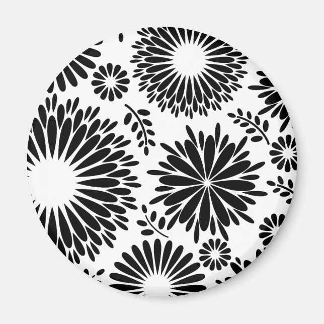 Imán Flores Boho Patrón floral vectorial negro y blanco (Frente)