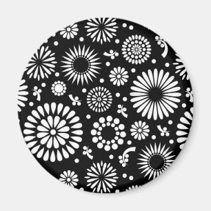 Imán Flores Boho Patrón floral vectorial negro y blanco