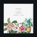 Imán Flores de acuarela tropical y Boda de vegetación<br><div class="desc">Las bonitas flores de las acuarelas tropicales y el diseño boda de la vegetación. Un diseño único que utiliza botánicos de color acuático como Hibiscus, Plumeria y Pineapple palms. Un diseño floral moderno, blanco y tropical, con un toque de vegetación. Una boda de moda favorece el diseño con elementos modernos....</div>