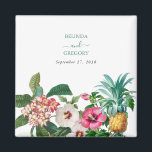 Imán Flores de acuarela tropical y Boda de vegetación<br><div class="desc">Las bonitas flores de las acuarelas tropicales y el diseño boda de la vegetación. Un diseño único que utiliza botánicos de color acuático como Hibiscus, Plumeria y Pineapple palms. Un diseño floral moderno, blanco y tropical, con un toque de vegetación. Una boda de moda favorece el diseño con elementos modernos....</div>