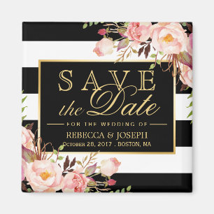 Imán Flores de bodas Black White Stripes Save the Date