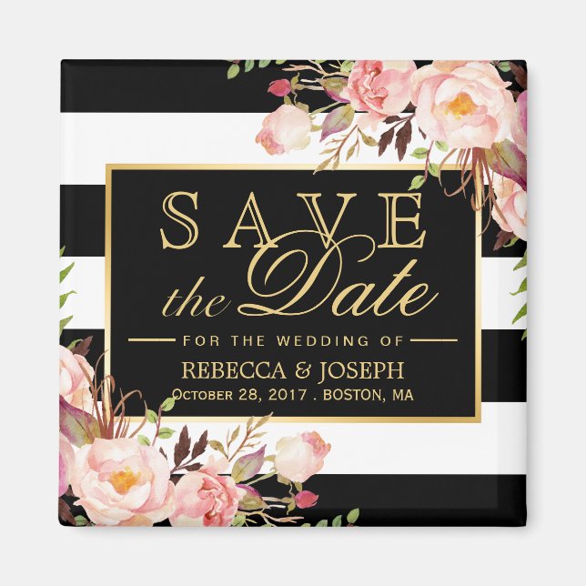 Imán Flores de bodas Black White Stripes Save the Date (Frente)