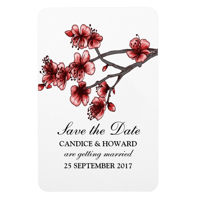 Imán Flores de cerezos rojas simples salvan la fecha (Vertical)