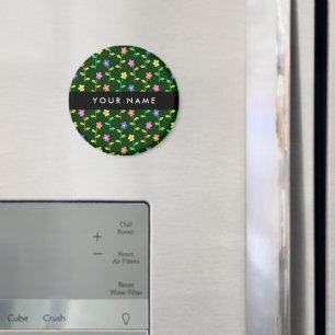 Imán Flores de colores, fondo verde, negro