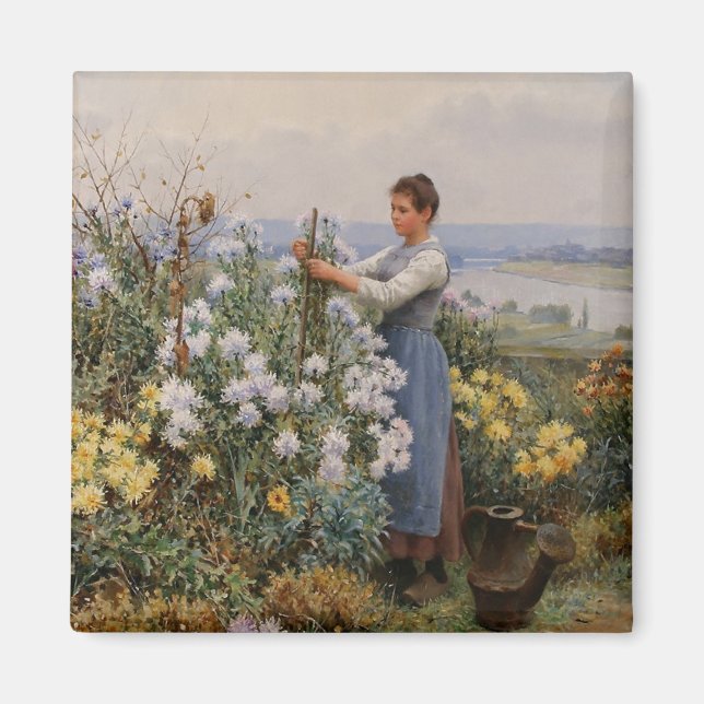 Imán Flores de crisantemo (Chica en el jardín) (Frente)