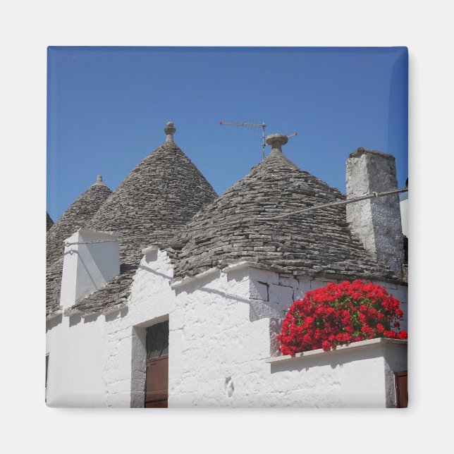 Imán Flores de geranio y casas de trullos en Alberobell (Frente)