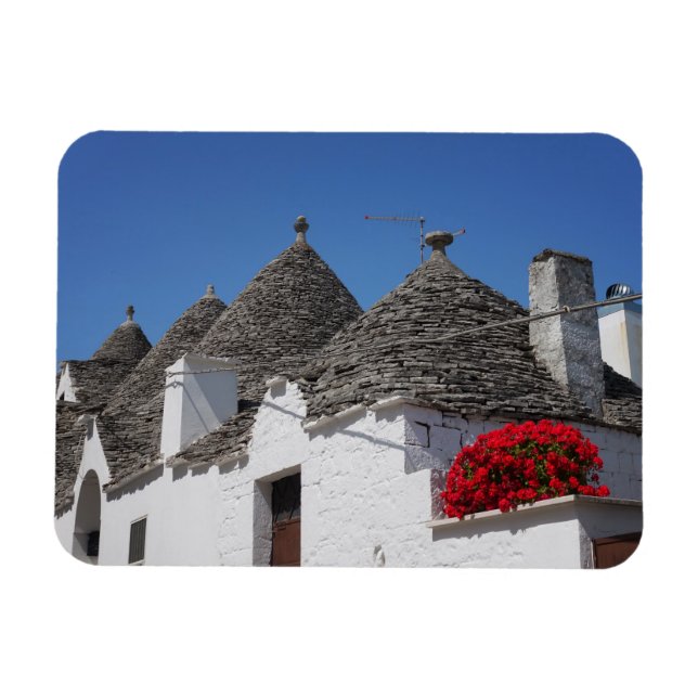 Imán Flores de geranio y casas de trullos en Alberobell (Horizontal)
