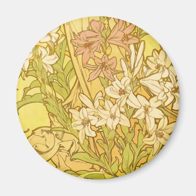 Imán flores de lirio Art Nouveau de Alfonse Mucha (Frente)
