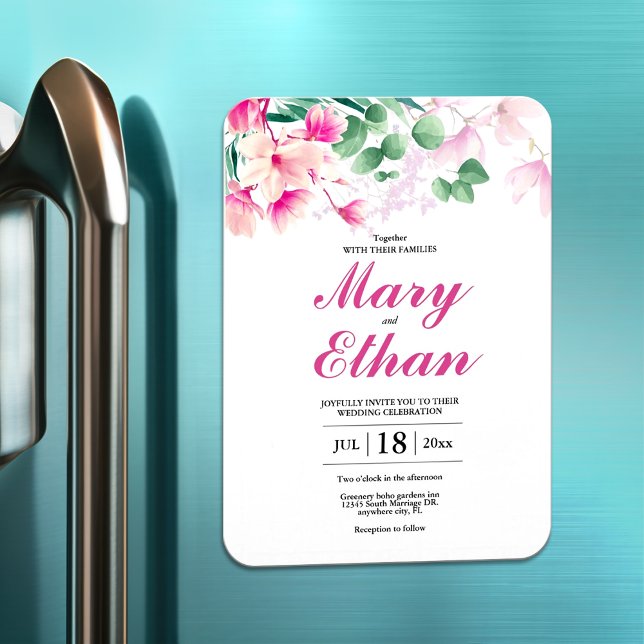 Imán Flores de magnolia rosa invitación natural Boda (Subido por el creador)
