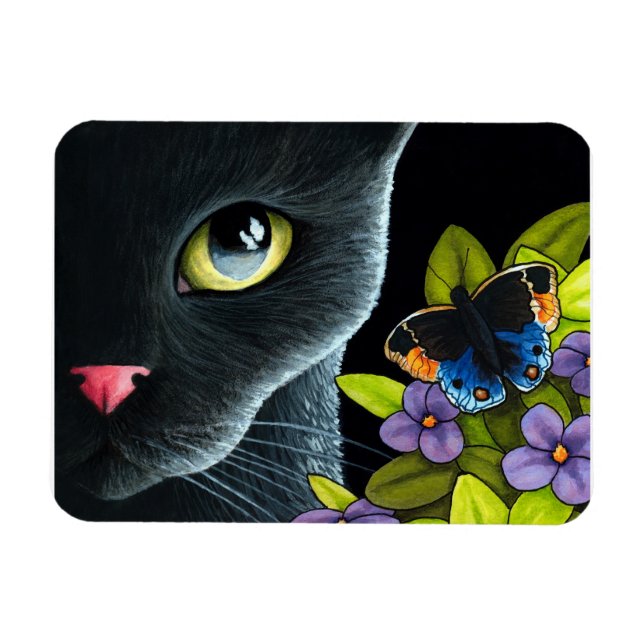 Imán Flores de mariposa azul para gato negro 557 (Horizontal)