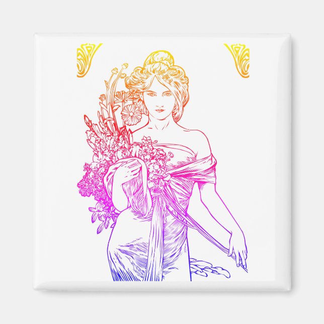 Imán Flores de mujer de Art Nouveau Alphonse Mucha (Frente)