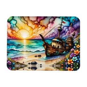 Imán Flores de playa de Shipwreck y cielo coloridos