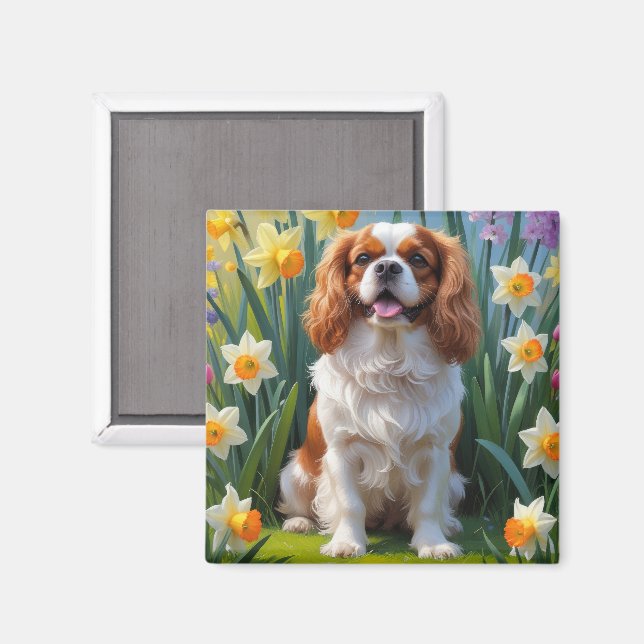 Imán Flores de primavera de Cavalier King Charles Spani (Anverso/Reverso)