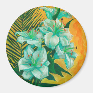Imán Flores Lily Palm Leaf, Pintura De Arte Floral Prim
