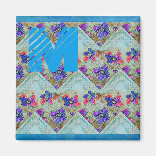 Imán Flores moradas y azules cuadrados Zigzags