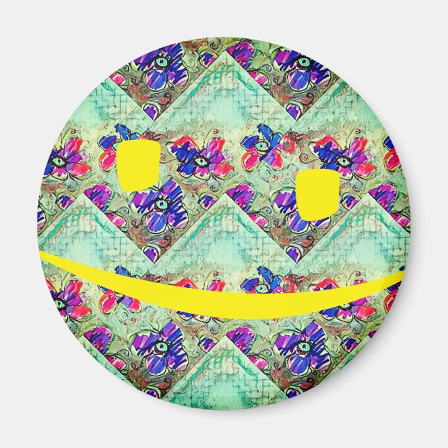 Imán Flores moradas y azules cuadrados Zigzags (Frente)