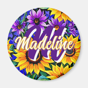 Imán Flores moradas y girasoles amarillos personalizado