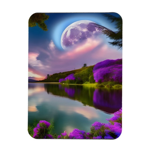 Imán Flores púrpuras Luna y reflejo del lago (Vertical)