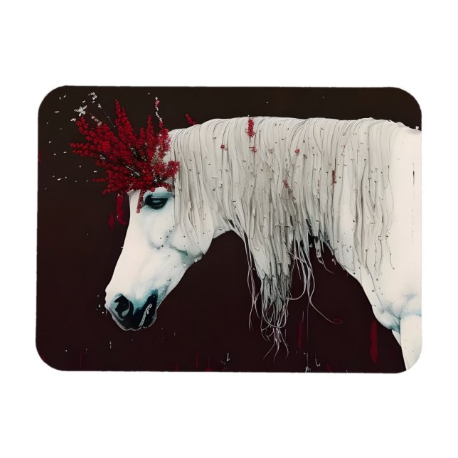 Imán Flores rojas de caballos blancos (Horizontal)