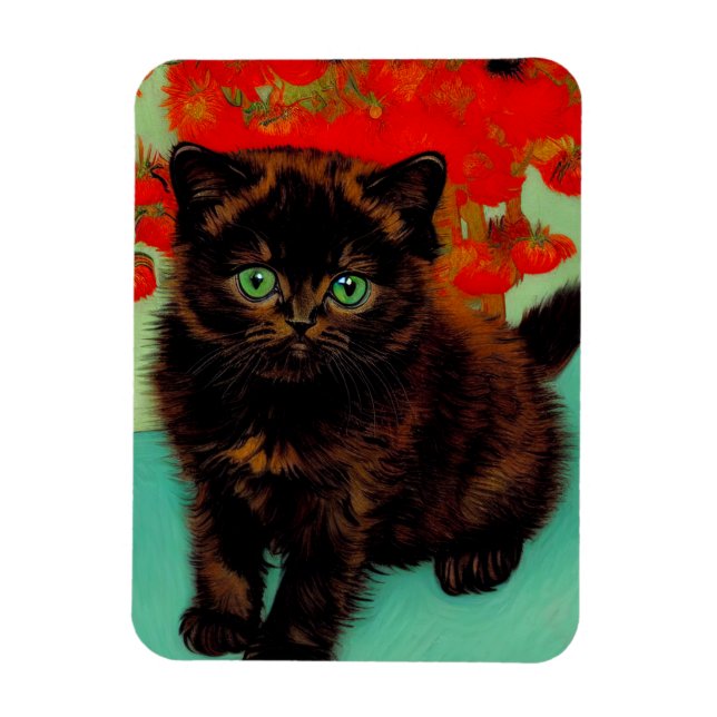 Imán Flores rojas de gato negro Van Gogh (Vertical)