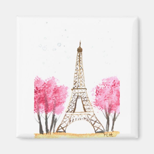 Imán Flores rosa elegantes acuarela Torre Eiffel París (Frente)