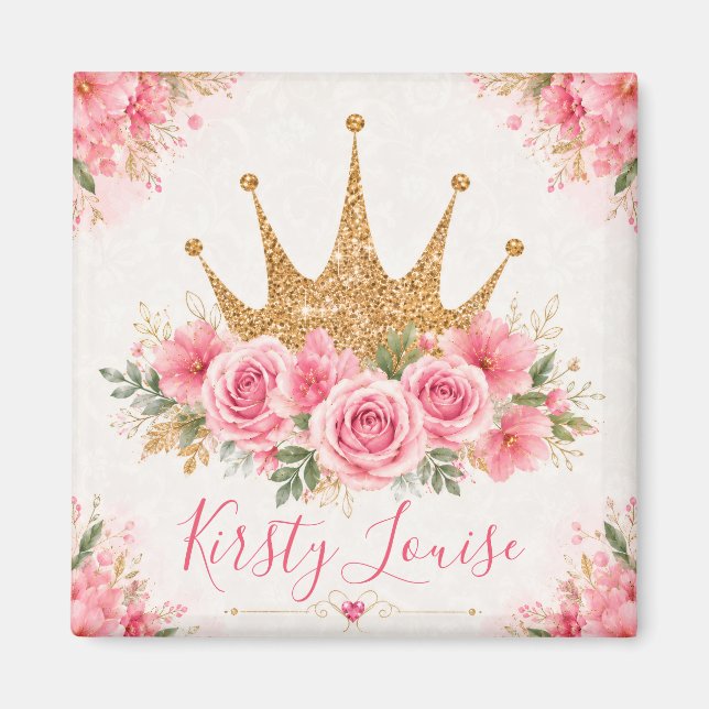 Imán Flores rosadas de acuarela y tiara dorada (Frente)