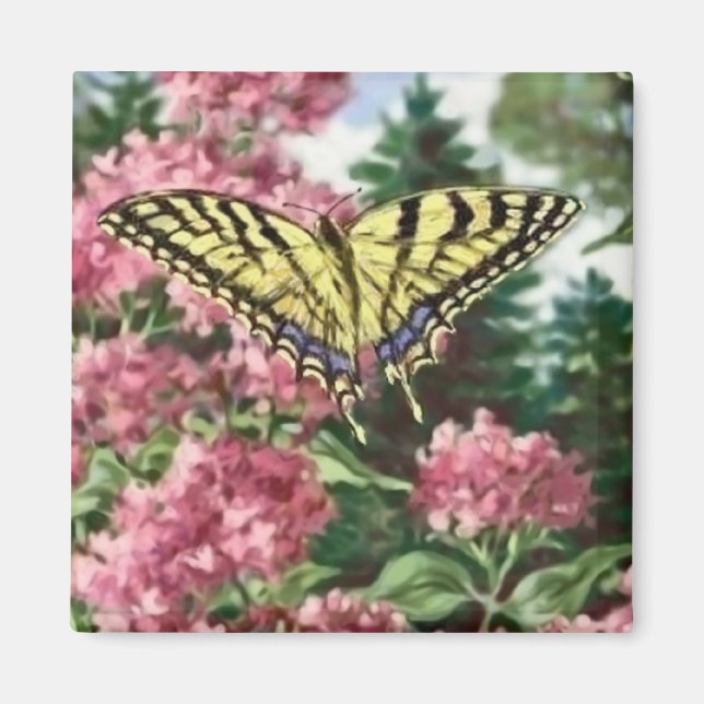 Imán Flores rosadas de mariposa de cola tragaluz Pintur (Frente)