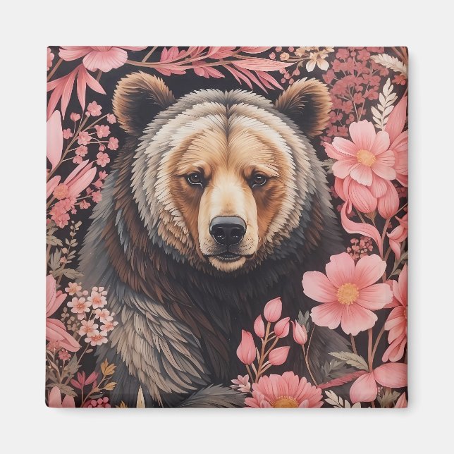 Imán Flores rosas de la mirada del oso marrón cautivado (Frente)