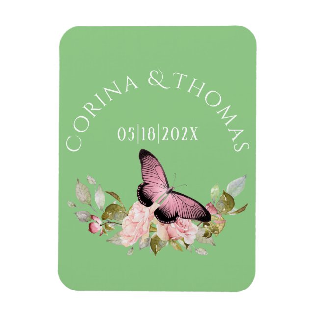 Imán Flores rosas y mariposa en Boda verde (Vertical)