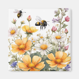 Imán Flores salvajes y acuarela de abejas melíferas