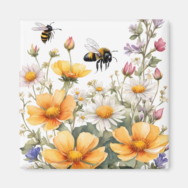 Imán Flores salvajes y acuarela de abejas melíferas (Frente)