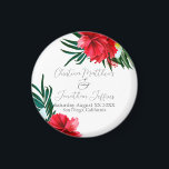 Imán Flores tropicales hawaianas en elegante Boda blanc<br><div class="desc">Este imán de personalizado keepsake presenta una temática de boda tropical o isla. El fondo es un blanco sencillo y elegante con flores de colores tropicales hawaianas. Los ramos florales con hojas de palma,  hibiscos y flores frangipanas acentúan las fronteras.</div>