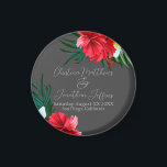 Imán Flores tropicales hawaianas en elegante Boda gris<br><div class="desc">Este imán de personalizado keepsake presenta una temática de boda tropical o isla. El fondo es un gris sencillo y elegante con flores de colores tropicales hawaianas. Los ramos florales con hojas de palma,  hibiscos y flores frangipanas acentúan las fronteras.</div>