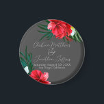 Imán Flores tropicales hawaianas en elegante Boda gris<br><div class="desc">Este imán de personalizado keepsake presenta una temática de boda tropical o isla. El fondo es un gris sencillo y elegante con flores de colores tropicales hawaianas. Los ramos florales con hojas de palma,  hibiscos y flores frangipanas acentúan las fronteras.</div>