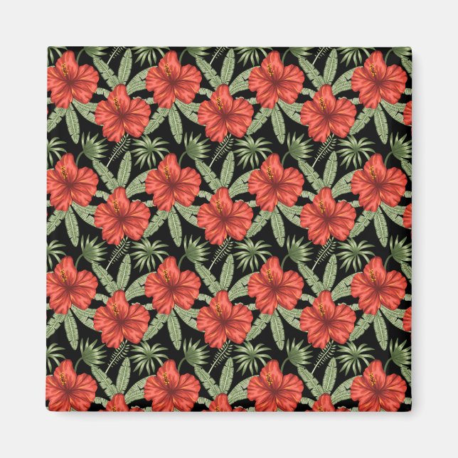 Imán Flores tropicales rojas patrón de hojas verdes sin (Frente)