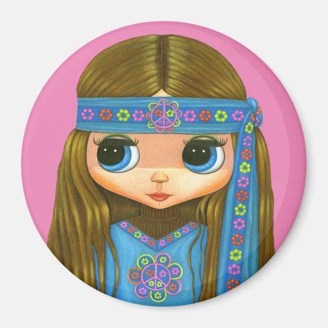 Imán Flower Power Hippie Chick Headband Big Eyes Cuidad (Frente)