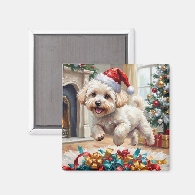Imán Fluffy Bichon Frise Dog Joyful Christmas (Anverso/Reverso)