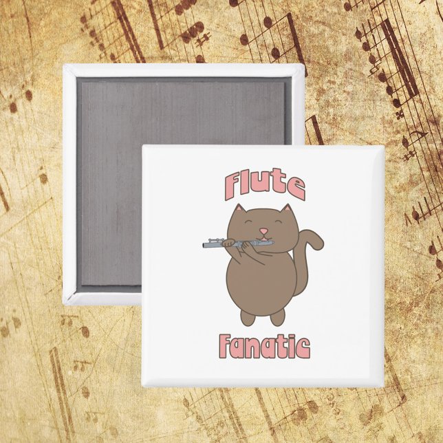 Imán Flute Fanatic Cat Funny (A fun magnet that says flute fanatic in pink letters with a brown cat playing the flute!)