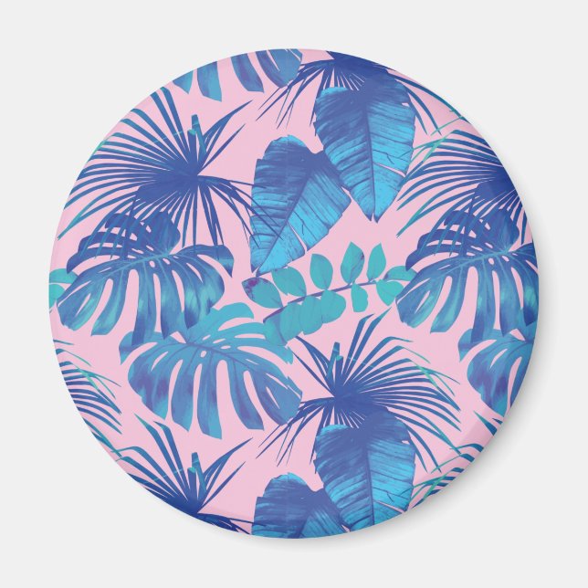 Imán Foliage tropical rosa y azul personalizado (Frente)