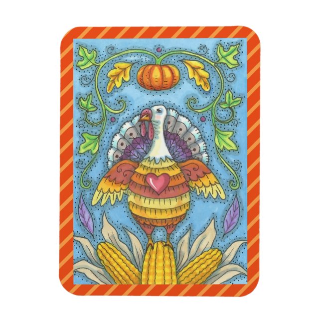 Imán FOLK ART TURKEY & CORN THANKSGIVING MAGNET Holiday (Vertical)