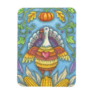Imán FOLK ART TURKEY & CORN THANKSGIVING MAGNET Holiday